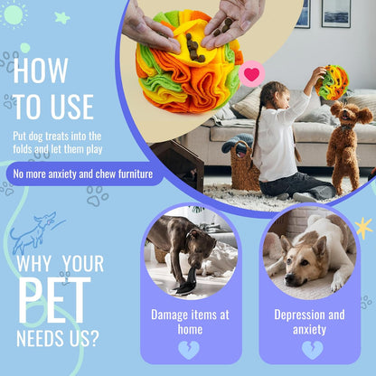 Pet Snuffle Ball, Puzzle Sniffing Interactive Dog Ball for Blind Dogs Training Stress Relief Dog Enrichment Toys Treat Machine Washable (15cm, Yellow Orange Green)