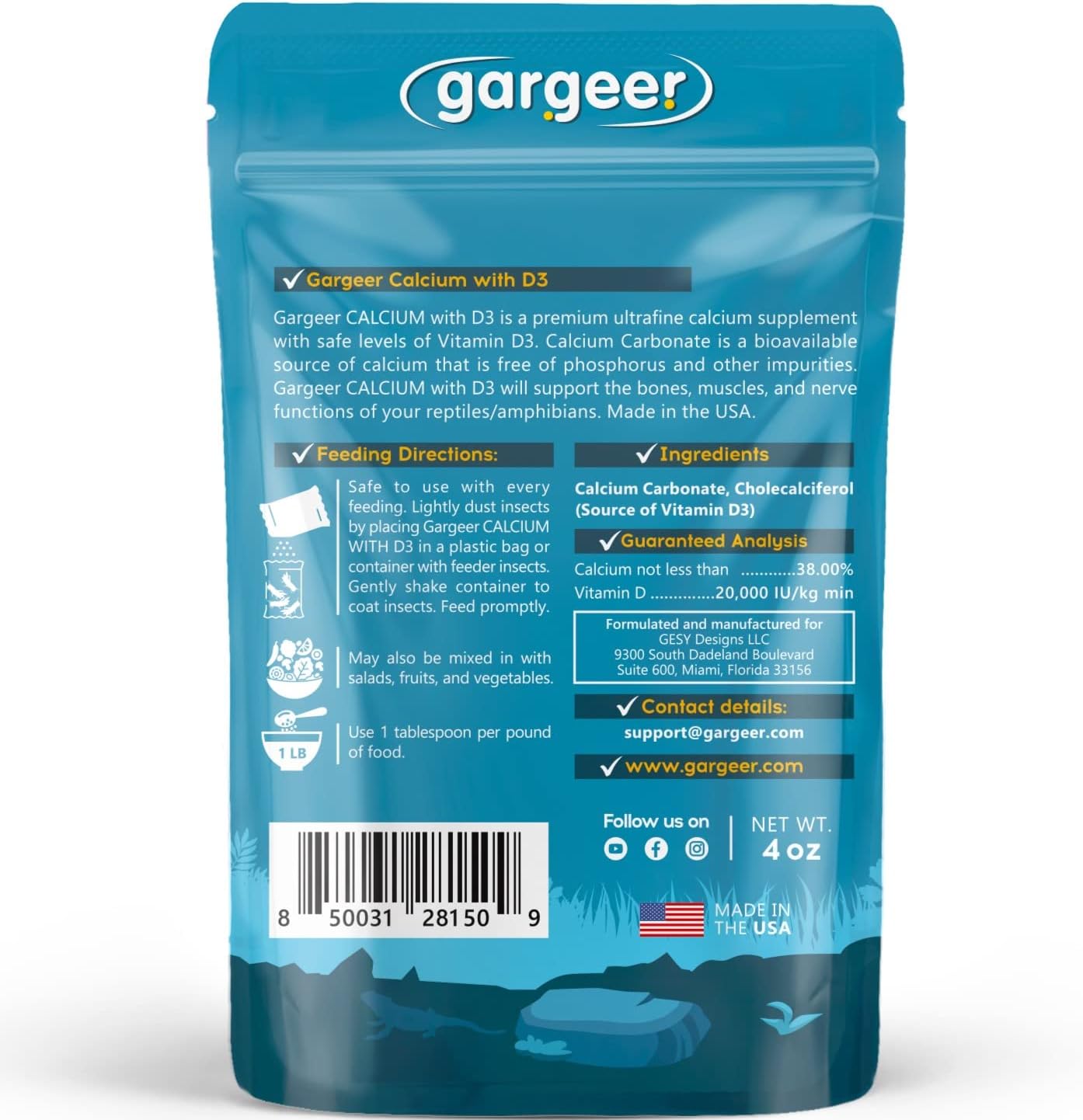 4oz All Reptile Calcium Powder with Vitamin D3, Phosphorus-Free, Ultrafine Powder, Pure Dust & Ready to Use for All Reptiles, Lizards & Amphibians Supplement. Made in The USA. Enjoy !