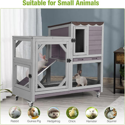 Wooden Rabbit Hutch with Two Story, Bunny Cage with Leak-Proof Trays, and Chew-Proof Ramp, Guinea Pig Cage with Wheels, Suitable for Indoor/Outdoor Use (Grey)