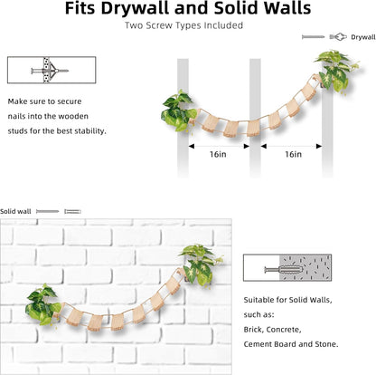 Meowoou Cat Bridge Wall Mounted, Rope Bridge for Climbing, Ladder for Indoor Cats, Cat Wall Furniture for Sleeping, Large Cats Steps Bed and Perches