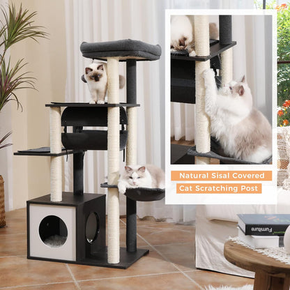 PEQULTI 51.4 Inches Modern Cat Tree Premium 6 Levels Wooden Cat Tower with Fully Sisal Covered Scratching Posts, Cozy Condo, Spacious Perch, Super Large Hammock and Swing Tunnel for Indoor Cats Gray