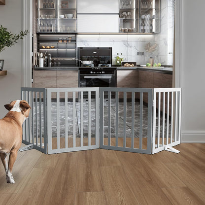 ZJSF Freestanding Indoor Dog Gate for House Foldable Wood Puppy Gate for Doorways Pet Gate for Stairs Extra Wide Pet Fence, Grey, 24" Height 4 Panels