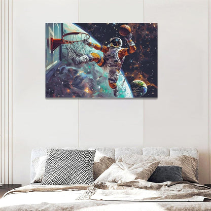 Quorin Astronaut Wall Art Funny Spaceman Basketball Pictures Space Galaxy Planet Wall Decor Canvas Print Painting Artwork for Bathroom Living Room Bedroom 16"x24"
