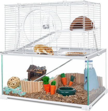 OIIBO 3 Tiers Large Hamster Cages Glass, Heightened Wire Topper with Two Shelf and Two Ladders Ramps, Openable Top, Easy to Clean Removeable Waterproof PVC Tray Medium