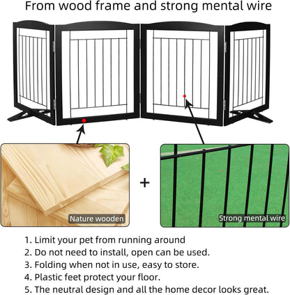 ZJSF Freestanding Dog Fence Indoor, Foldable Dog Gate for Doorways, Stairs or Hallways, Sturdy Wood Extra Wide Pet Gate with Support Feet for The House, Black, 32 "Height-4 Panels