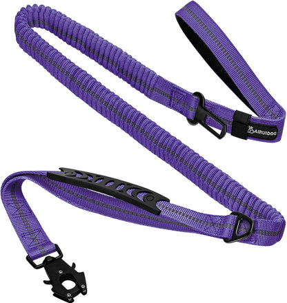 Heavy Duty Bungee Dog Leashes, 4-6FT Shock Absorbing Tactical Dog Leash with 2 Padded Handles, Metal Carabiner Clip,Car Seatbelt, Reflective Dog Leash for Medium Large Dogs (Purple)