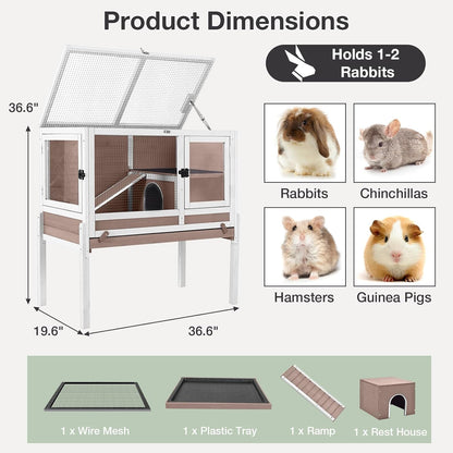 Guinea Pig Cage with Wooden Stand - Hamster Cage, Small Animal Cage Anti Chew Ramp, Hideout, Platform, Pull Out Tray (Brown, L)