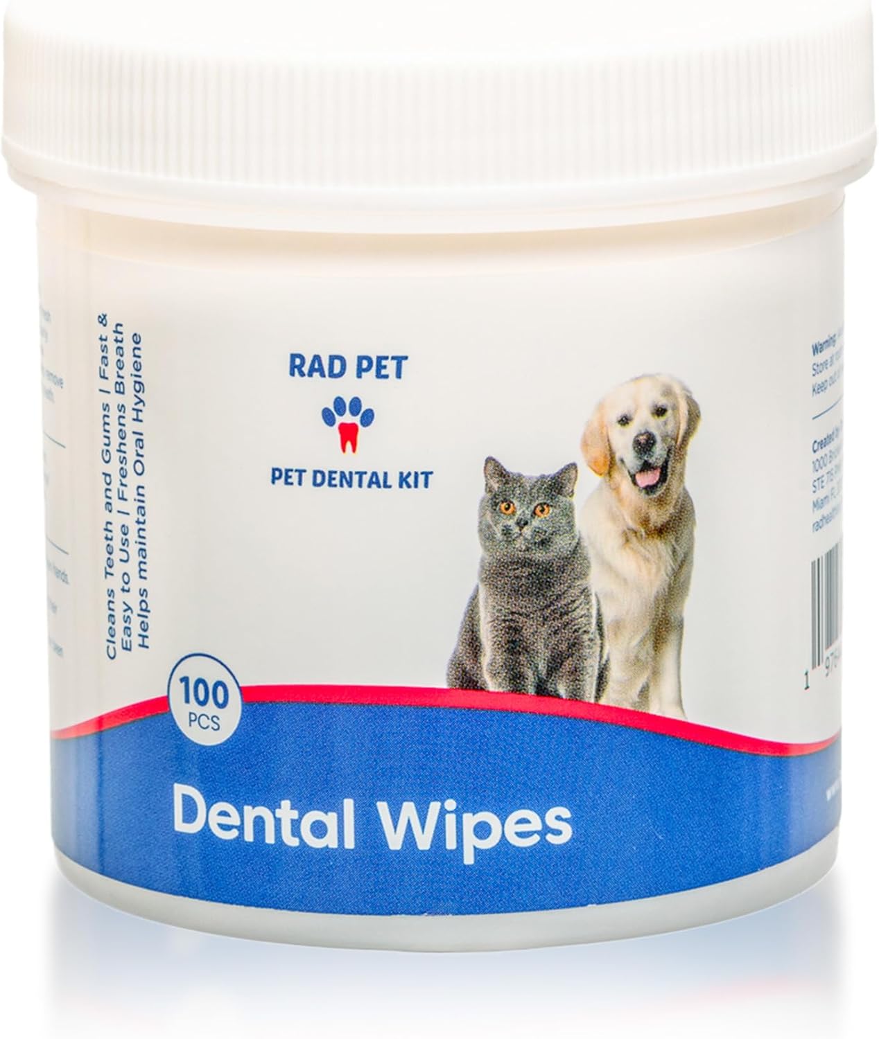 Rad Health Dog Dental Wipes - 100ct Pet Dental Finger Wipes, Easy No-Brush Teeth Cleaning, Removes Plaque & Tartar, Boosts Oral Hygiene, Freshens Breath, Gentle on Mouth, Strong on Build-Up