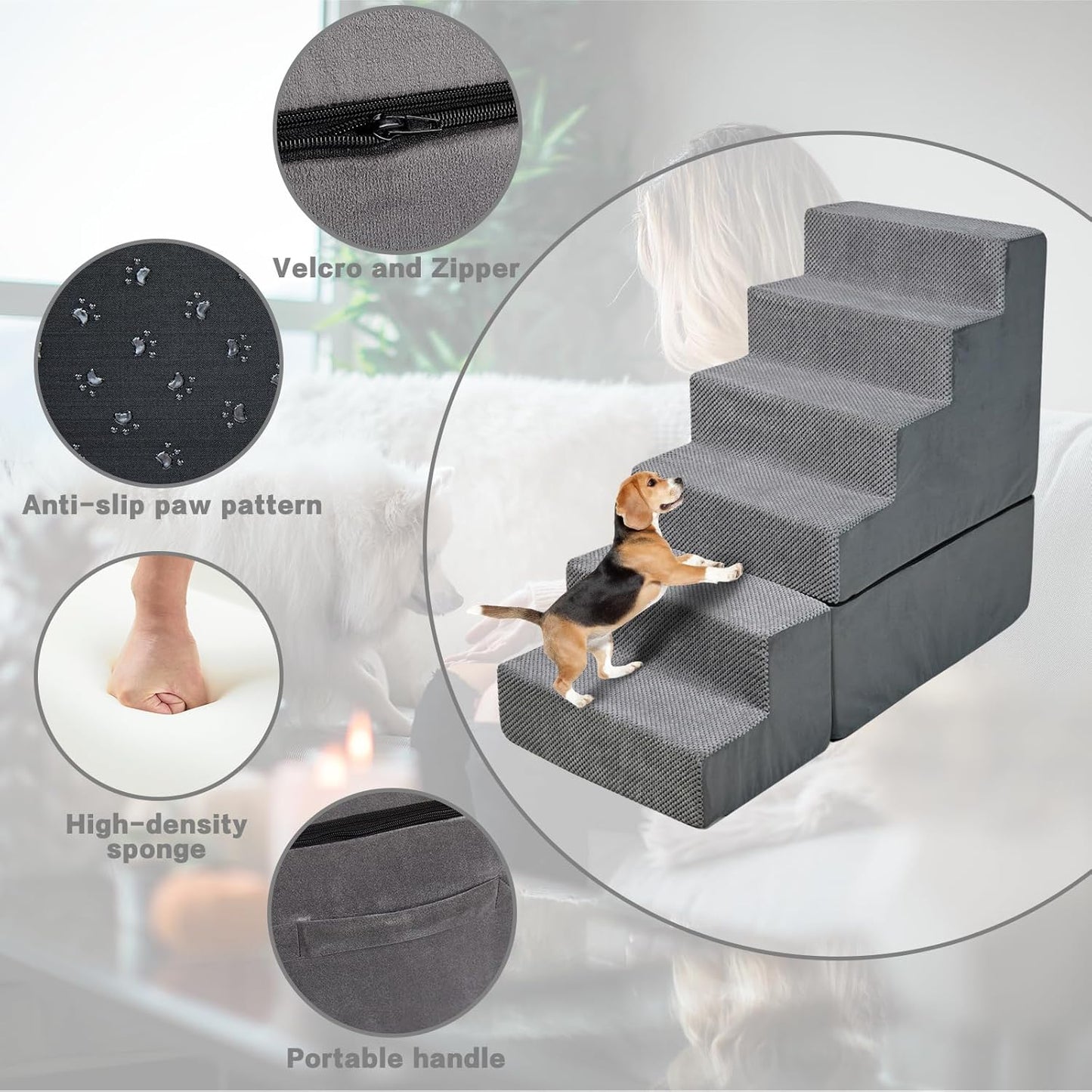 Dog Stair Steps for High Beds 30 inches Tall, 33D Foam Dog Ramp for Bed 30-32 inches, 6-Step Pet Stair Steps for Small Large Dogs for Bed Climbing, Non-Slip Dog Steps for Older Dogs/Cats, Grey