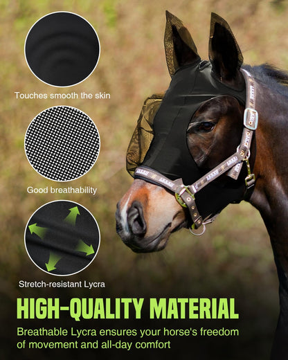 JWODVNTH Fly Masks for Horses with Ears - Large Eye Space, Comfort, UV-Block - Horse Fly Mask for Daily Stable, Hot Weather Riding, and Competition - Pony, Black