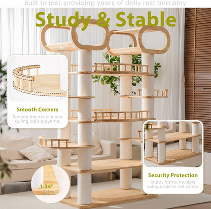 76.8'' Modern Cat Tree, Tall Cat Tower for Indoor Cats, Pine Wood Climb Tower with 2 Removable Mats, Heavy Duty Cat Furniture with Fully Wrapped Scratching Post, Huge Cat Condo for Multi-Cat Families