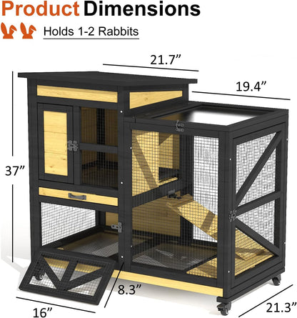 40'' Rabbit Cage Bunny Cage Indoor, Outdoor Rabbit Hutch for Small Animals, 2-Story Wooden Guinea Pig Cages with Wheels & 2 Deeper No Leak Trays, Waterproof Openable Roof & Bottom Wire Mesh
