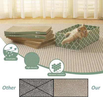 MECOOL Cat Scratching Board，5PC Cat Scratch Pad with Box，Reversible Corrugated Cat Scratcher Cardboard and Lounge Bed for Indoor Cats, Catnip