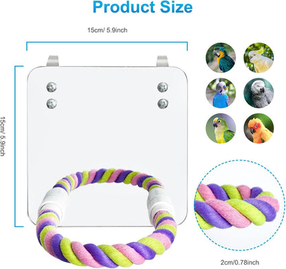 5.9" Bird Mirror with Rope Perch Bird Toys Swing, Comfy Perch for Greys Amazons Parakeet Cockatiel Conure Lovebirds Finch Canaries