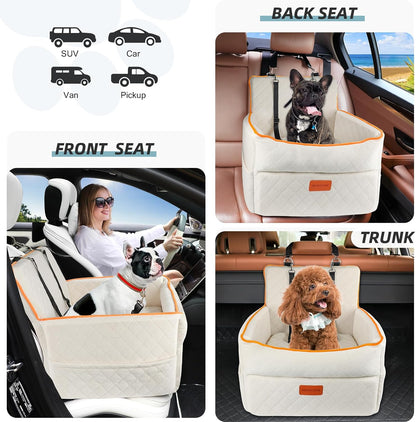 Dog Car Seat for Small Medium Dogs, Memory Foam Dog Booster Seats with Thick Cushion for Dogs Under 35lbs, Detachable Washable Pet Car Seat Travel Bed with Storage Pockets,2 Safety Belt