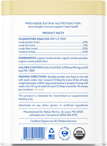 Native Pet Bone Broth for Dogs and Cats - Chicken Bone Broth Powder Dog Food Toppers for Picky Eaters - Provides Extra Nutrition for Joint Strength, Immune Support & Heart Health - 96 Scoops