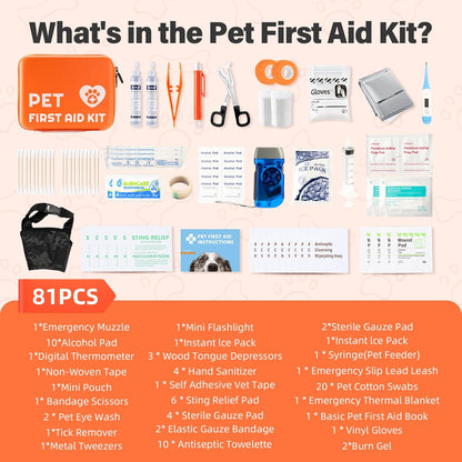 Portable Dog First Aid Kit with Hook - Water Resistant Pouch for Hiking, Camping, Daily Family Use, Travel, Pet Safety, Thoughtful Gift for Pet Owners (81pcs Upgrade Professional Version)