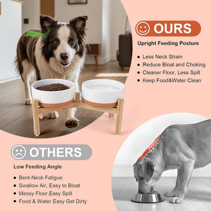 SPUNKYJUNKY Elevated Dog Bowls Ceramic, 7.3'' Dogs Food Water Bowls Raised with Non-Slip Bamboo Stand for Medium to Large Sized Breed Microwave Dishwasher Safe - 42 OZ,Pattern White
