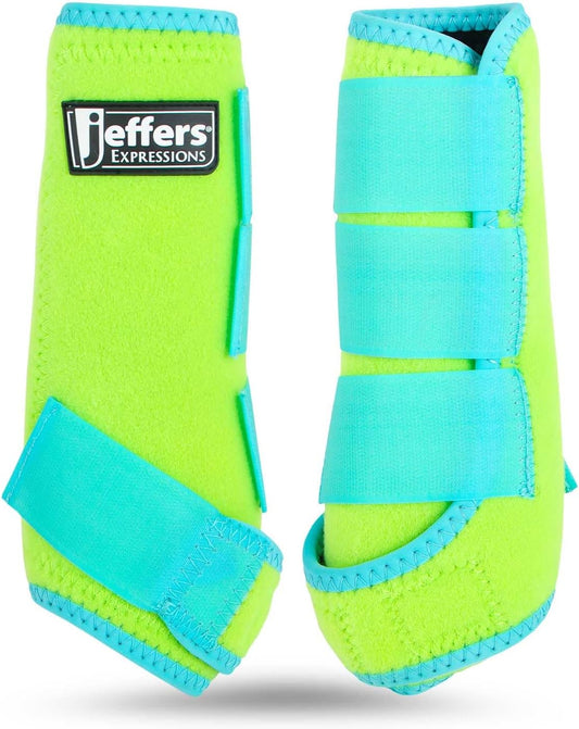 Jeffers Equine Neon Horse Boots – 1 Pair – Lime and Turquoise – Large Size – Breathable Neoprene, Secure Strap Closures – Durable Protection for Front & Hind Legs, Training, Trail & Riding Use