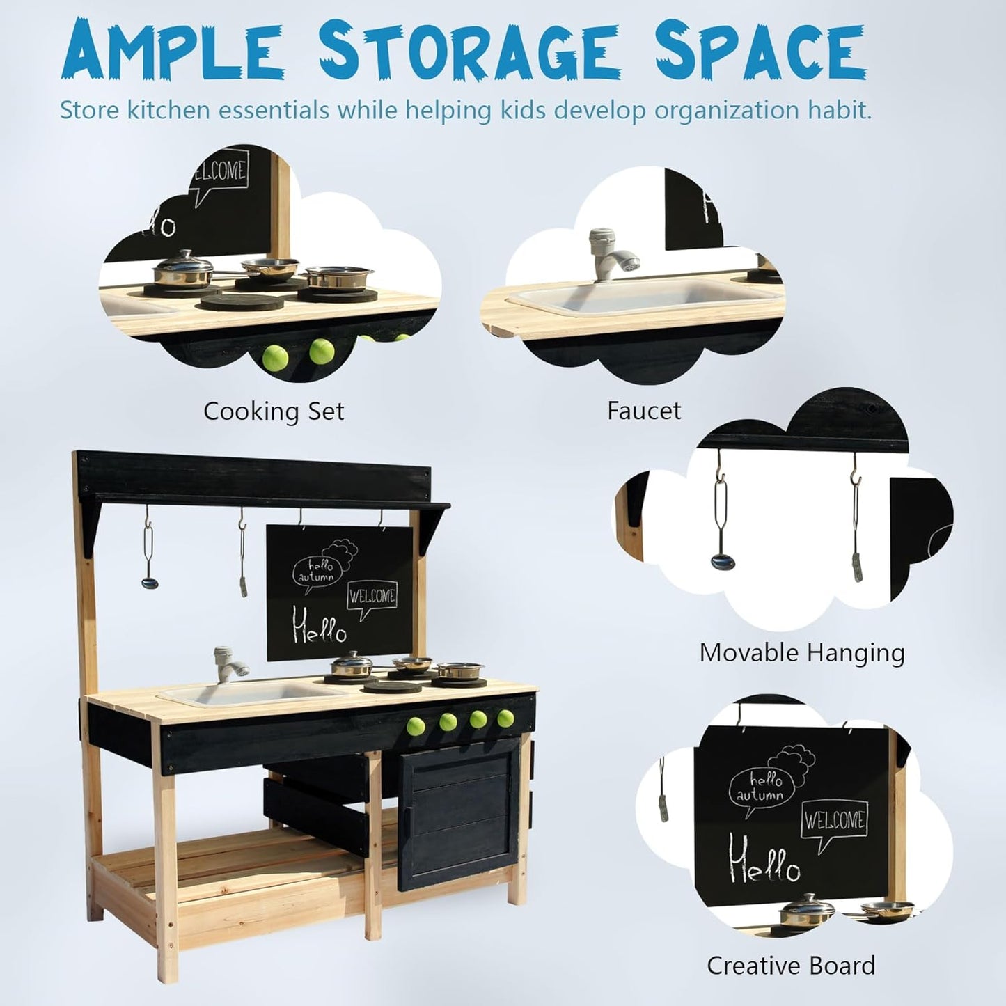 Mud Kitchen Playset for, Outdoor Wooden Toy Play Kitchen Set for Boys and Girls, Kitchen Accessories and Garden Sink with Faucet, Blackboard, Cookware Pot (Black)