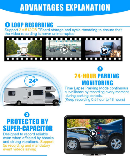 AI 4 Channel Dash Cam 1080P RV Backup Camera System with 10.1 Inch Touch Monitor,Person Detection MDVR Recording with 4pcs IP69K Waterproof Cameras for Truck/Trailer/Camper Van/SUV/Fleet