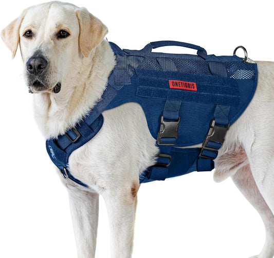 OneTigris Tactical Dog Harness for Small Medium Large Dogs, Mesh Design Service Dog Vest Breathable Military Dogs Molle Vests with Handles, Harness for Walking Hiking Training (Blue, XL)