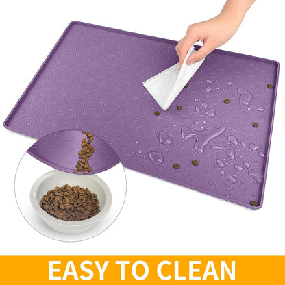 Ptlom Silicone Dog Food Mat Waterproof Pet Feeding Mat with High-Lips, Anti-Slip Dog Bowl Mat for Food & Water, Non-Spill Puppy Feeding Tray for Small, Medium & Large Dogs and Cats, Purple