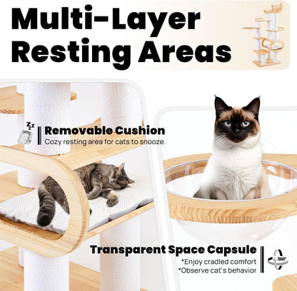 74.8" Modern Cat Tree for Indoor Cats, Tall Wood Cat Tower with Scratching Post, Heavy Duty Luxury Condo with Removable Mats, Multi-Level Cat Furniture for Cats