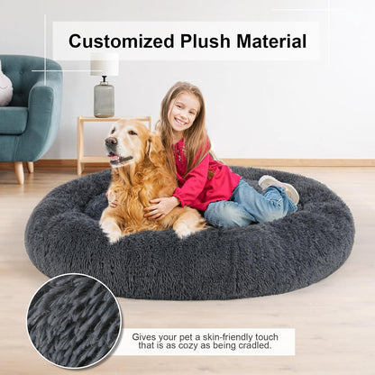 Dog Bed, Cat Calming Bed, Faux Fur Pillow Pet Donut Cuddler Round Plush Bed for Large Medium Small Dogs and Cats (Dark Grey, 49.0" L x 38.0" W x 7.0" Th)
