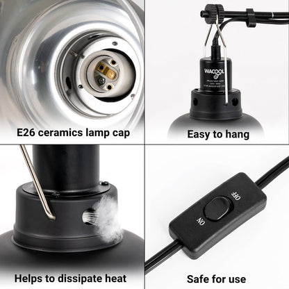 Reptile Light Fixture 2 Pack, 8.5 in Deep Dome Reptile Heat Lamp Fixture, Optical Reflection Terrarium Light Fixture for Reptile UVB UVA Heat Basking Bulbs, Separate Switch & Hook