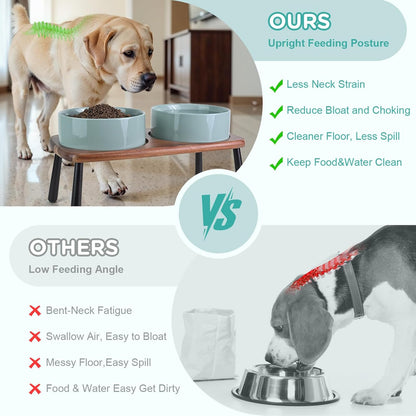 SPUNKYJUNKY Ceramic Elevated Dog Bowls Raised with Acacia Bamboo Wooden Stand, 8.3'' Dog Food Water Bowls Set Non-Slip for Medium Large Sized Breed Microwave Dishwasher Safe - 60 OZ,Light Green