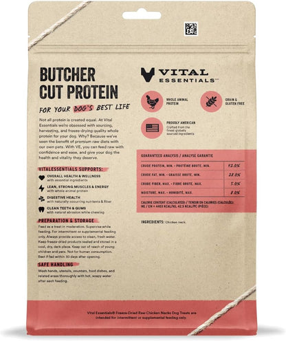 Vital Essentials Chicken Necks Dog Treats, 9 oz | Freeze-Dried Raw | Single Ingredient | Premium Quality High Protein Training Treats | Grain Free, Gluten Free, Filler Free