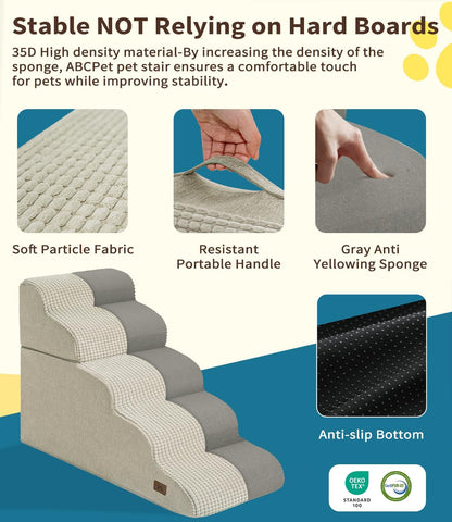 Dog Step for Bed, Dog Stair 5-Step 35D Pet Stair 19.7" H for High Bed or Sofa Non-Slip Balanced Pet Step Indoor, Beige