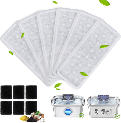 6 Pack Dog Water Fountain Filters and 6 Pack Sponges, Suitable for Stainless Steel 2Gal/264oz Dog Water Fountain (PF-SS-01/PF-SS-02), High Efficiency Filtration, Idividual Package