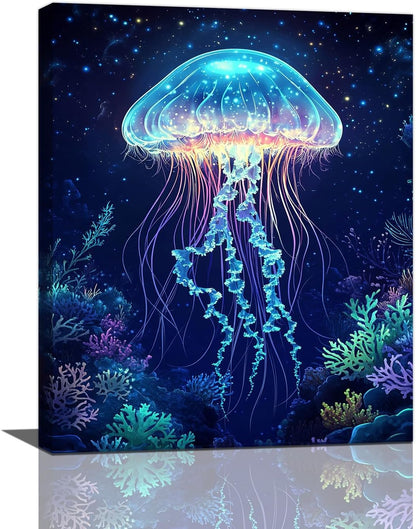 Ocean Jellyfish Wall Art Canvas Coral Fish Wall Decor Prints Framed Painting Underwater Pictures Gifts Artwork for Bathroom Living Dining 16"x20"