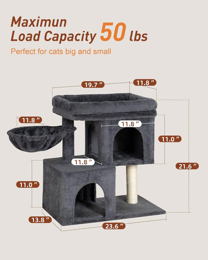 Cat Tree with Large Top Perch, 21.6in Cat Tower with Big Hammock and Dual Condos, All-in-one Cat Activity Center