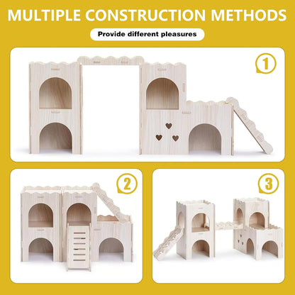 Large Wooden Hamster House Castle with Double Decker,Large Hamster, Wooden Hamster Houses,Dwarf Hamster Habitat Hideout with Climbing Ladder,Large Guinea Pig Castle Detachable Hideouts(D)