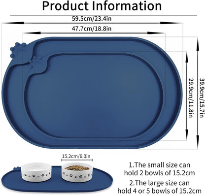 KPWACD Pet Placemat for Dog and Cat, Waterproof Silicone Dogs Feeding Bowl Mat Prevent Food and Water Overflow, High-Lips Puppy Dish Mats Suitable for Small Medium Big Pets, Navy, 24" * 16"