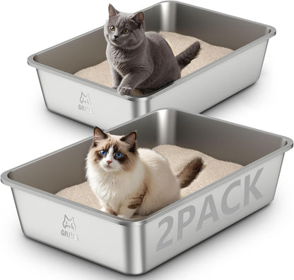 2 Pack Stainless Steel Cat Litter Box, 23.4" L×15.6" W×5.9" H, Metal Kitty Litter Box with High Sided for Big Cats, Non-Stick, Easy to Clean, Odor-Free