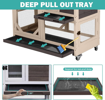 Rabbit Hutch Indoor for 2-4 Rabbits & Guinea Pigs，Bunny Cage with Slide-Out Plastic Trays，Wooden Small Animal Cage for Rabbits, Bunnies, and Guinea Pigs (Dark Brown)