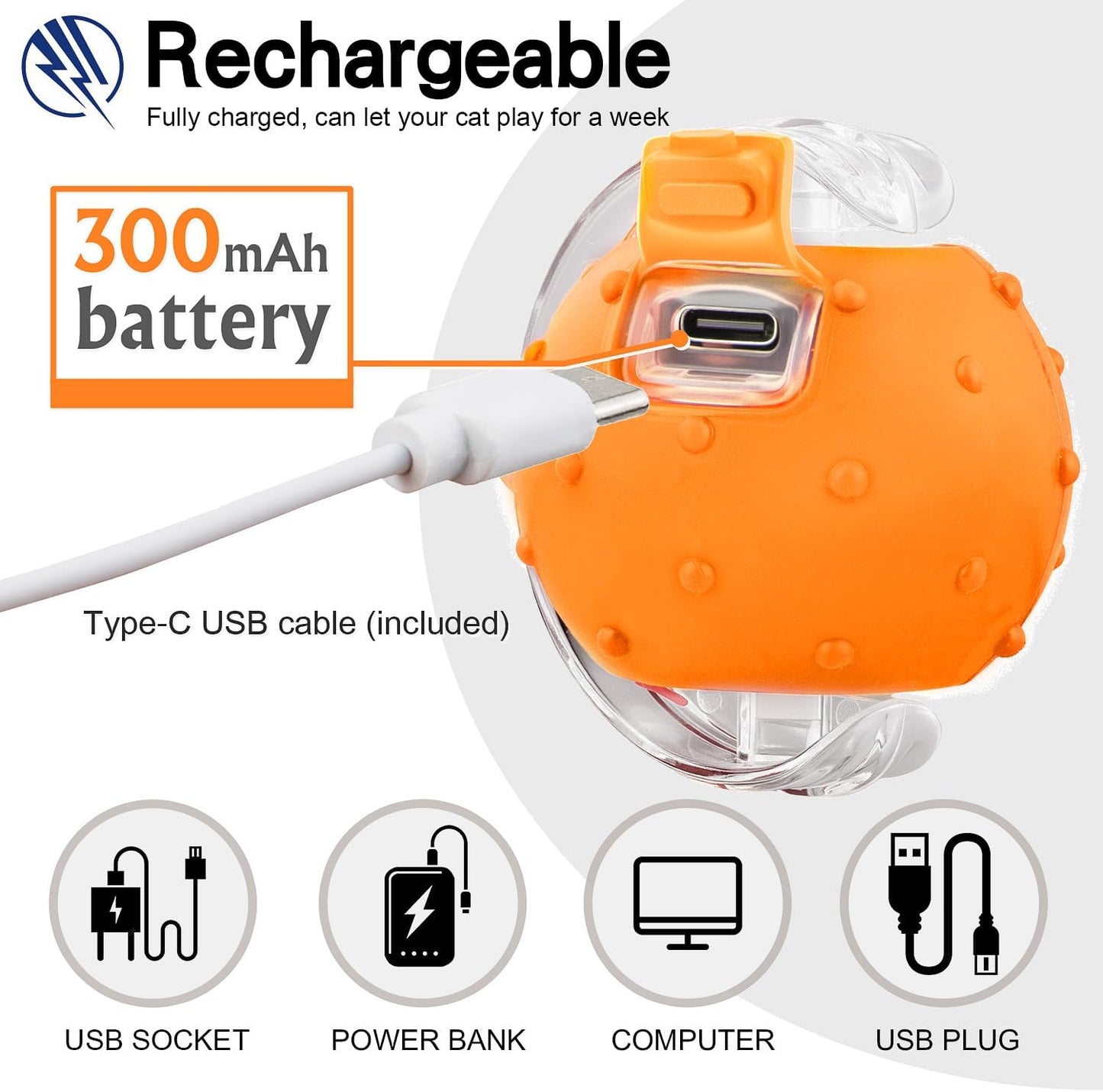 Interactive Cat Toys Ball for Indoor Cats, Automatic Agile Rolling Cat Ball with Elastic Mesh Tail, Bird Chirping & Motion Activated, 2 Tail Accessories, Kitten Toy for Bored (Orange)