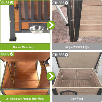 GUTINNEEN Dog House Outdoor Dog Kennel with Chew-Proof Metal Frame, Rotating Food Bowl, PVC Door Curtain, Weatherproof for Small Medium Dogs, 39.7" L x 25.5" W x 32.2" H (Dark Brown)