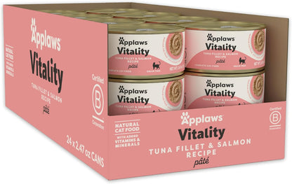 Applaws Vitality Wet Cat Food Paté, Natural Canned Cat Food, Wet Food for Cats with Added Vitamins and Minerals, Grain Free, Carrageenan Free, Tuna Fillet and Salmon Recipe (24 Count, 2.47 oz Cans)