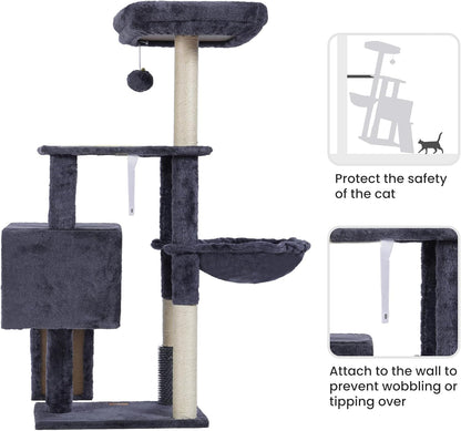 Heybly Cat Tree with Cat Self Groomer Brush, Cat Tower Condo for Indoor Cats with Padded Plush Perch, Cat House with Basket Scratching Board Post, Smoky Gray HCT005SG