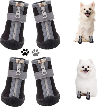Dog Shoes for Small Dogs, Puppy Dog Boots & Paw Protector for Winter Snow Day, Summer Hot Pavement, Waterproof in Rain Weather, Ourdoor Hiking, Indoor Hardfloors with Anti Slip Sole 4PCS/Set