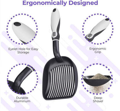 iPrimio Cat Litter Scoop Metal w/ Deep Shovel, Black - Non Stick Plated Aluminum Cat Litter Scooper with Holder - Litter Box Scooper - Metal Cat Litter Scoop - Patented Sifter w/ Holder - Solid Handle