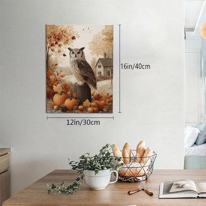 Fall Owl Wall Art Autumn Pumpkin Leaves Wall Decor Rustic Canvas Print Farmhouse Pictures Painting Print Framed Artwork Decorations Gifts for Living Room Bathroom Bedroom Office 12"x16"