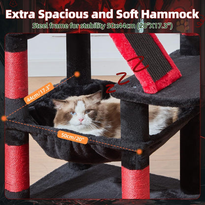 Taoqimiao Gothic Cat Tree 57.5-Inch, Cat Tower for Indoor Cats Large Adult, Large Cat Condo, 8 Sisal Scratching Posts, Metal Frame Cozy Hammock, Durable Scratch Board, 2 Perches, Black and Red MS026BR