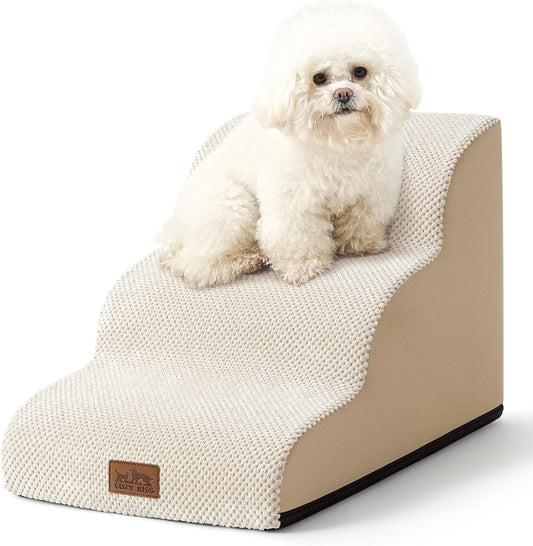 Dog Stairs for Small Dogs 15.7" H, Curved Dog Step for Puppy, Older Cat, Medium Pet Ramp for Sofa, Couch or Chair, Ladder with High Density Foam, 15.7x22.4x15.7 inch, 3 Step, Beige