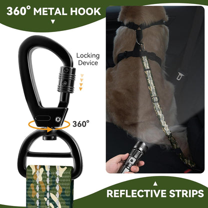 Pawaboo Dog Seatbelt for Car, 3-in-1 Dog Seat Belt Bungee, Shockproof Dogs Tether with Buckle&Hook Latch, Adjustable Reflective Dogs Cars Harness Leash with 360° Lockable Buckle, Army Green Camouflage